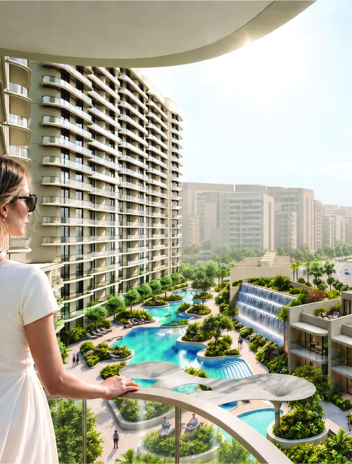 A resident on her balcony above the landscaped resort pools