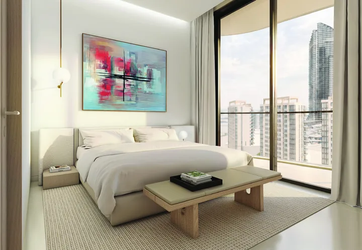 Bedroom with a bench, artwork and balcony glazing