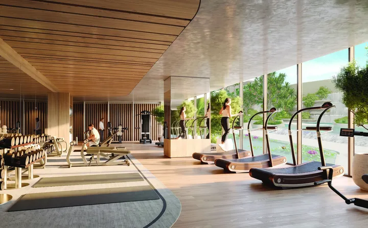 Fitness centre with curved treadmills facing the garden
