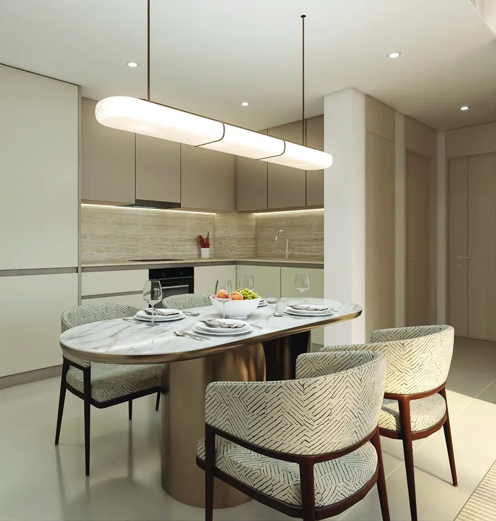 Kitchen and dining with a marble table