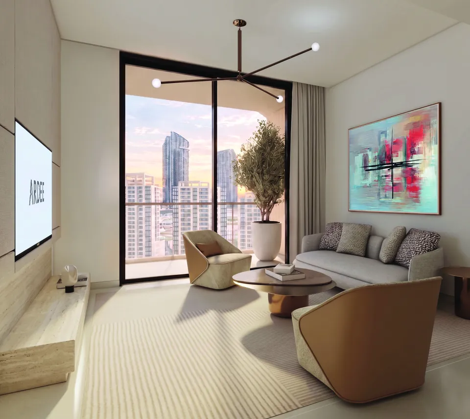 Living room with floor-to-ceiling glass and city views