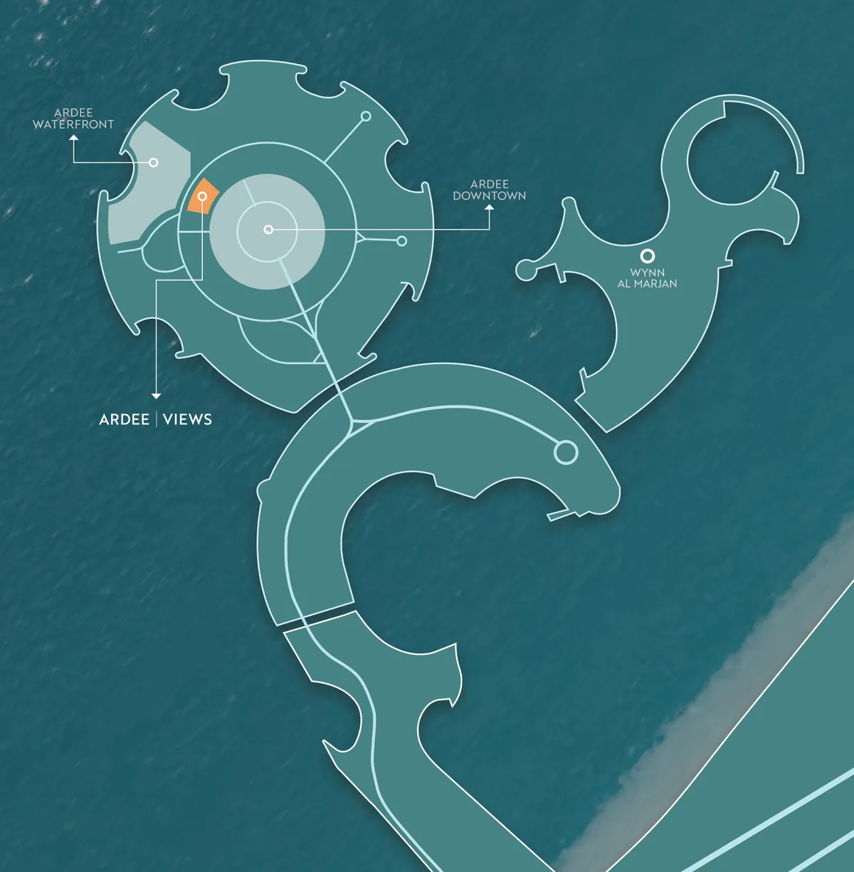 Map of Al Marjan Island showing Ardee Views beside Ardee Downtown and Ardee Waterfront, across the water from Wynn Al Marjan