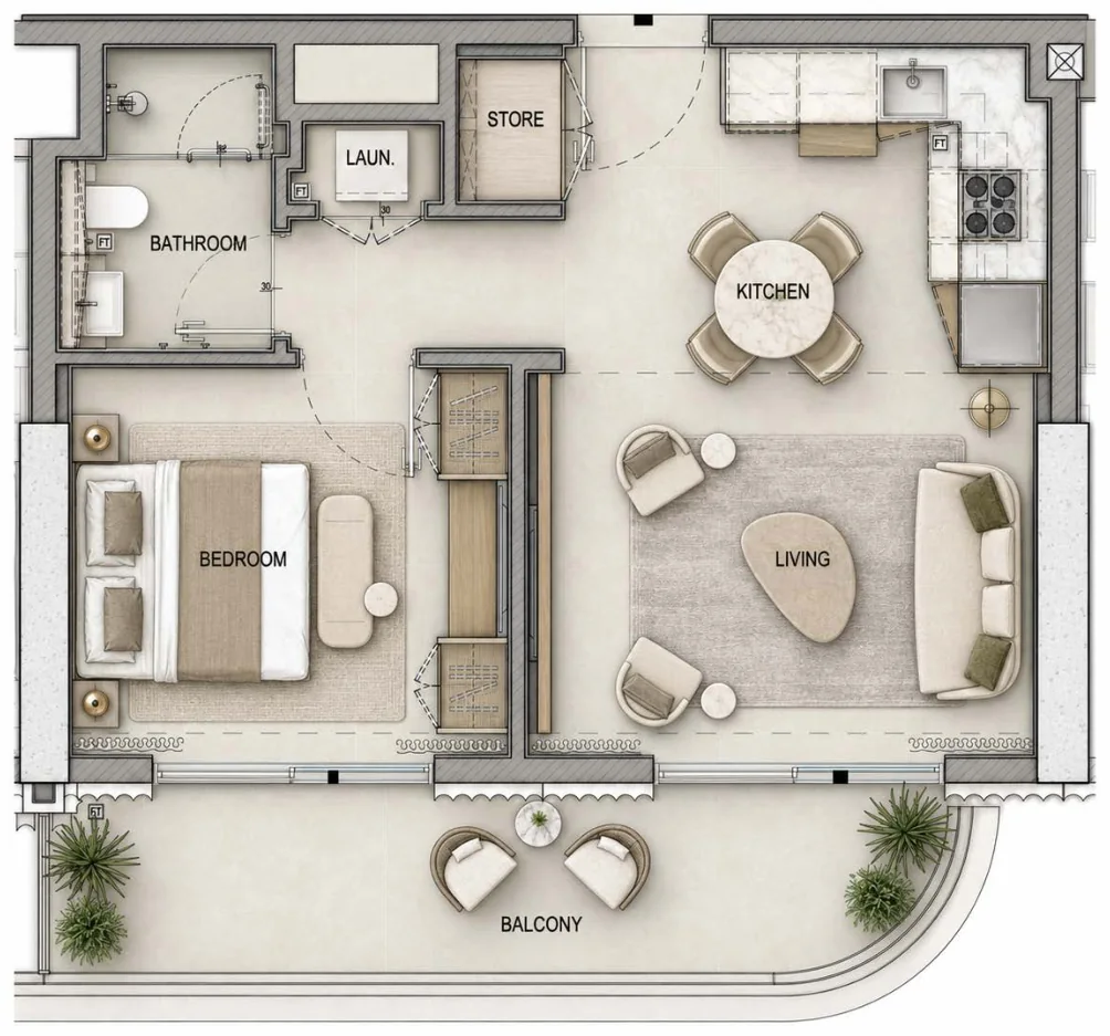 1 Bedroom Classic floor plan, West Tower