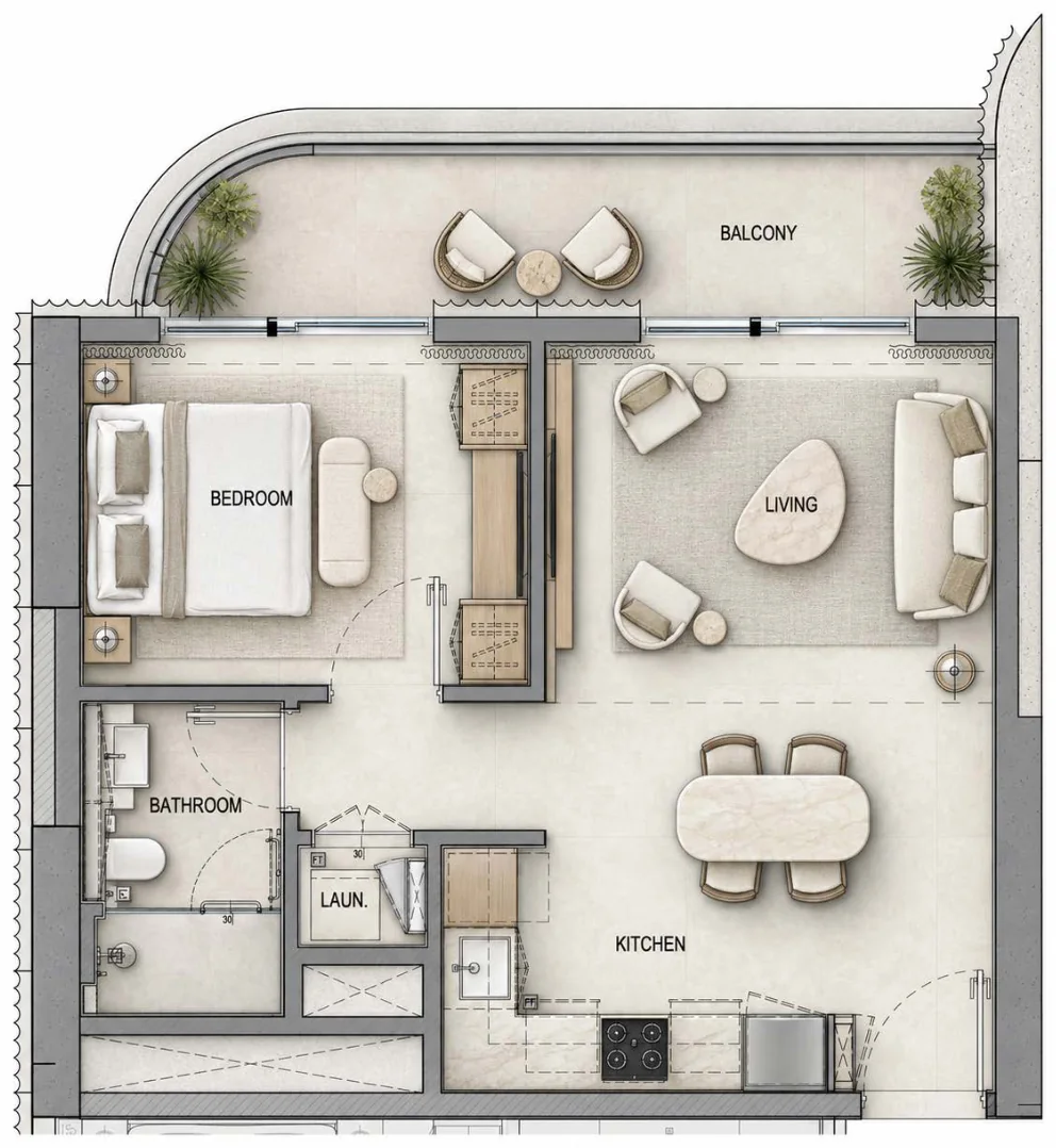 1 Bedroom Deluxe floor plan, West Tower