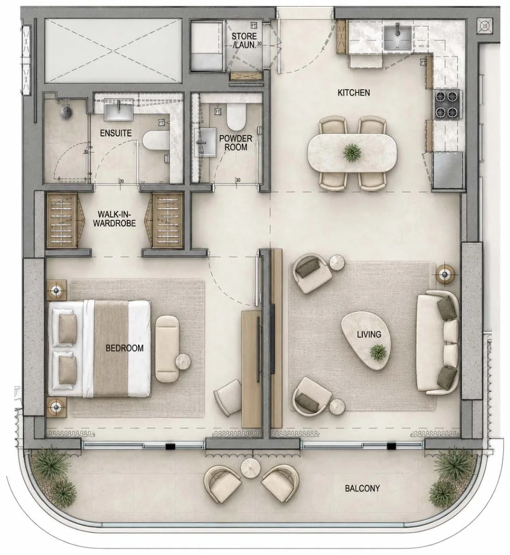1 Bedroom Premium floor plan, West Tower